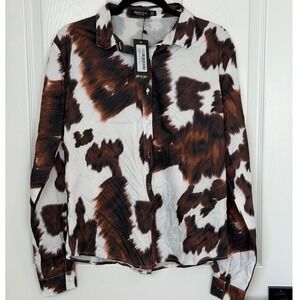 Nasty Gal Cow Print Button Up Shirt Brown White Lets Moo-ve Tonight US 8 NEW